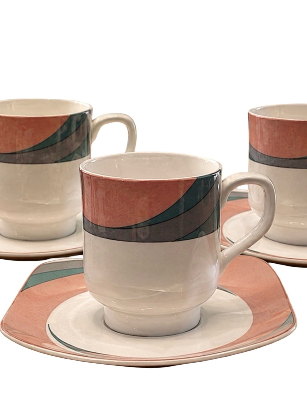VTG 80s Sango Quadrille pinwheel pink 5206 retro abstract Footed Cups saucers